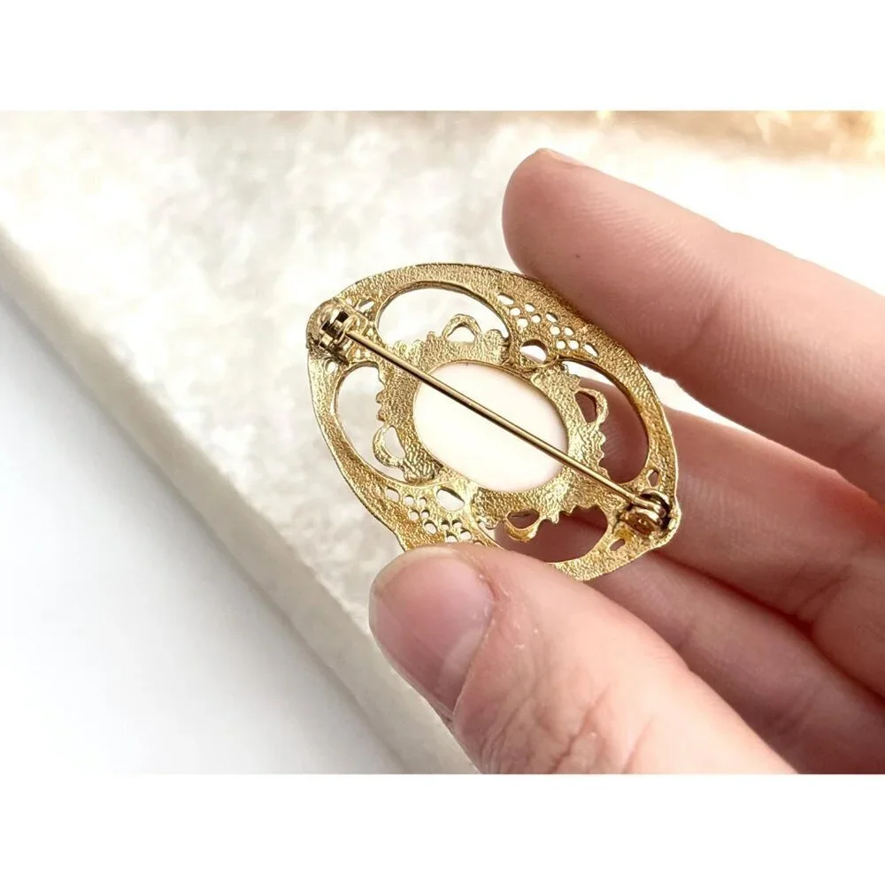 Faux Porcelain Enameled Oval Shaped Victorian Inspired Vintage Floral Brooch